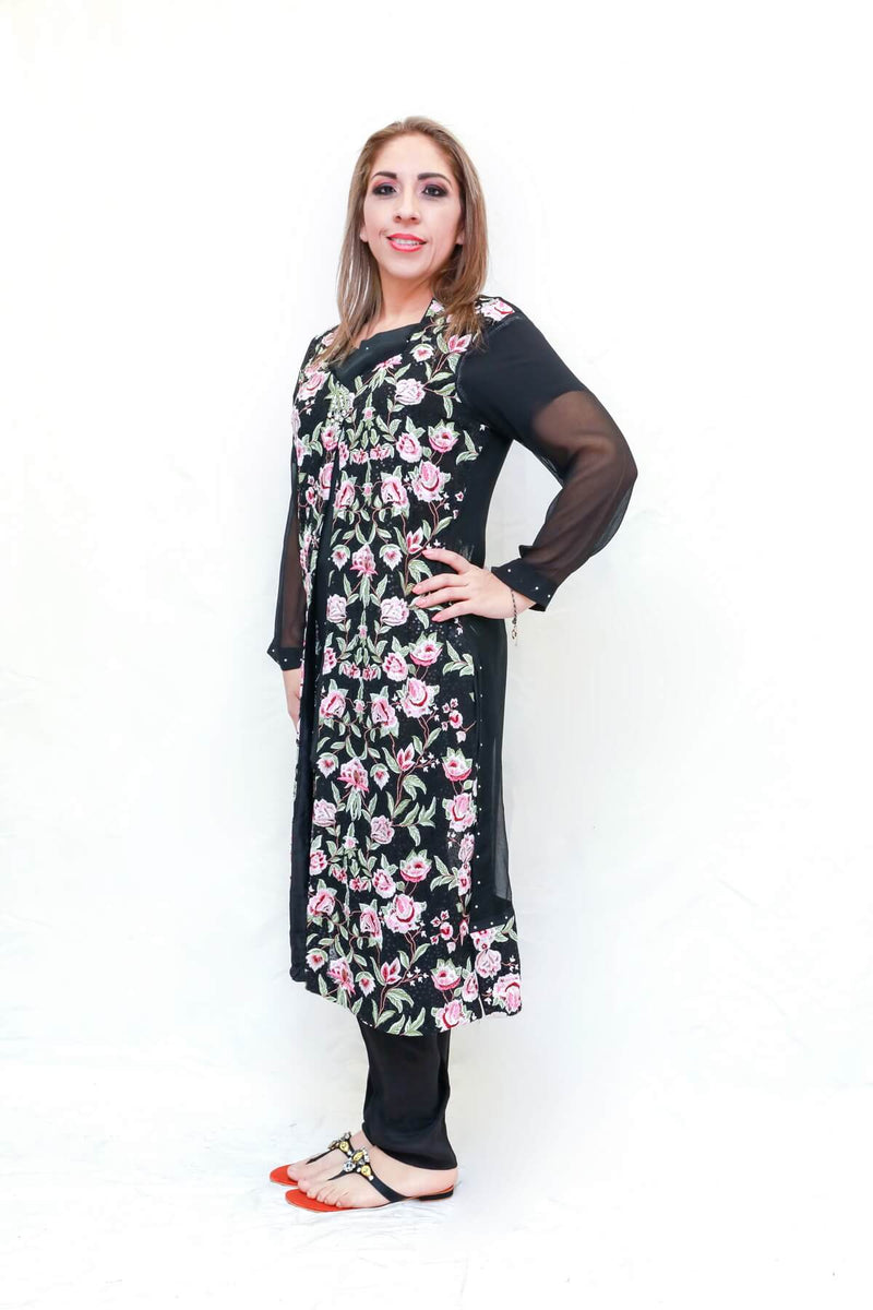Pakistani delicately designed dress with chiffon and silk. Embroidered jacket by thread and motifs a famous Pakistani brand