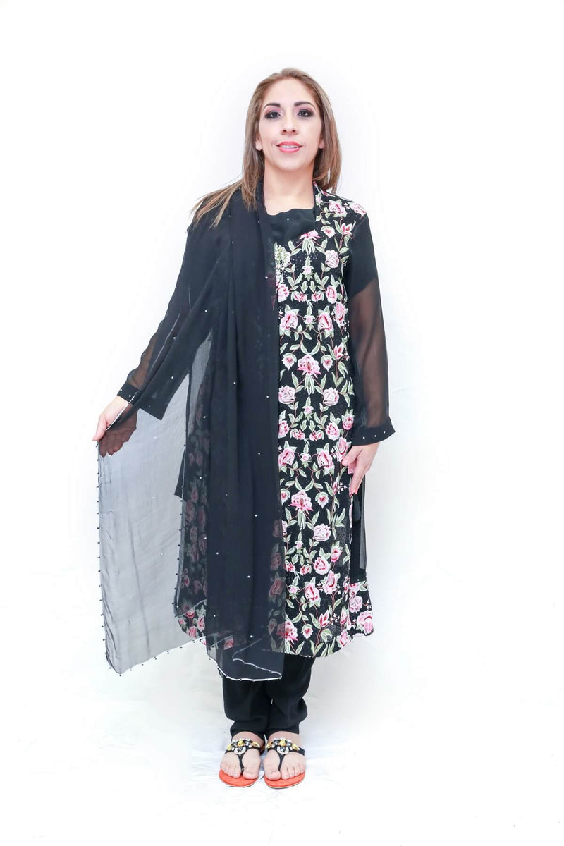 Pakistani delicately designed dress with chiffon and silk. Embroidered jacket by thread and motifs a famous Pakistani brand
