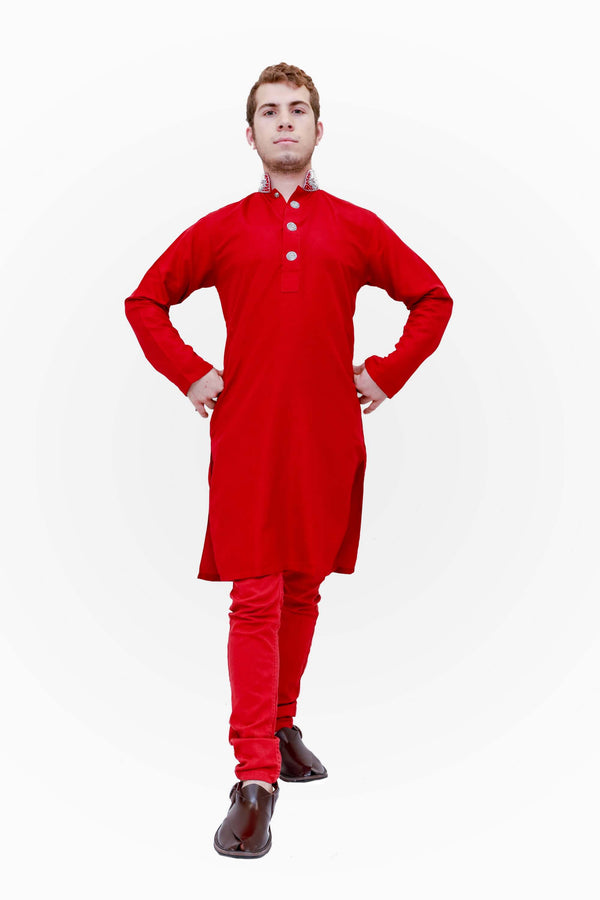  Red Cotton Embroidery Shirt-Kurta-Kameez  -Trendz & Traditionz Boutique 