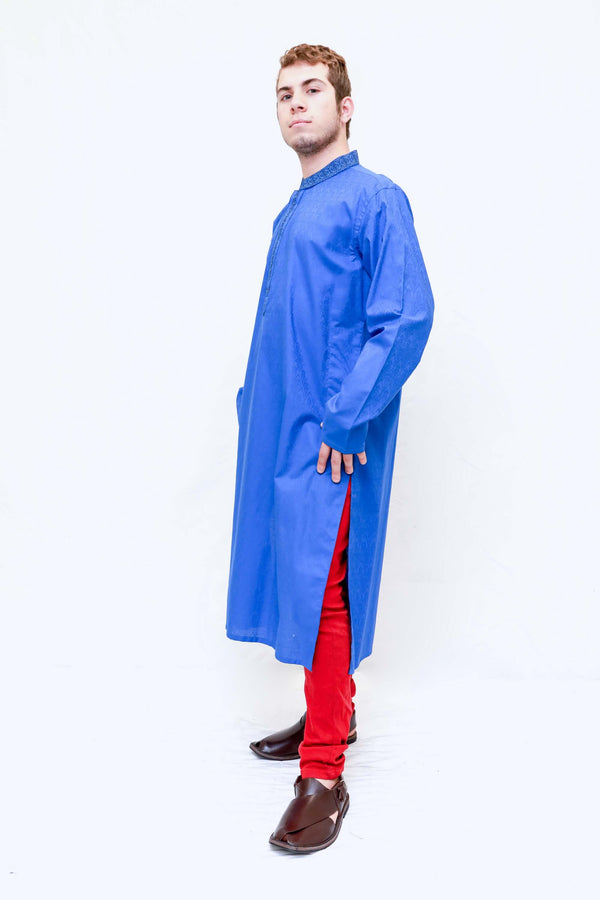 Men Blue Embroidered Shirt-Kameez-Kurta -Trendz & Traditionz Boutique