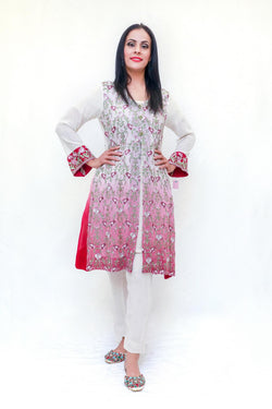 Embroidered beaded 4-piece set, Ombre fade. It comes with a silk shirt and a separate chiffon embroidered jacket silk pants and a pure chiffon scarf