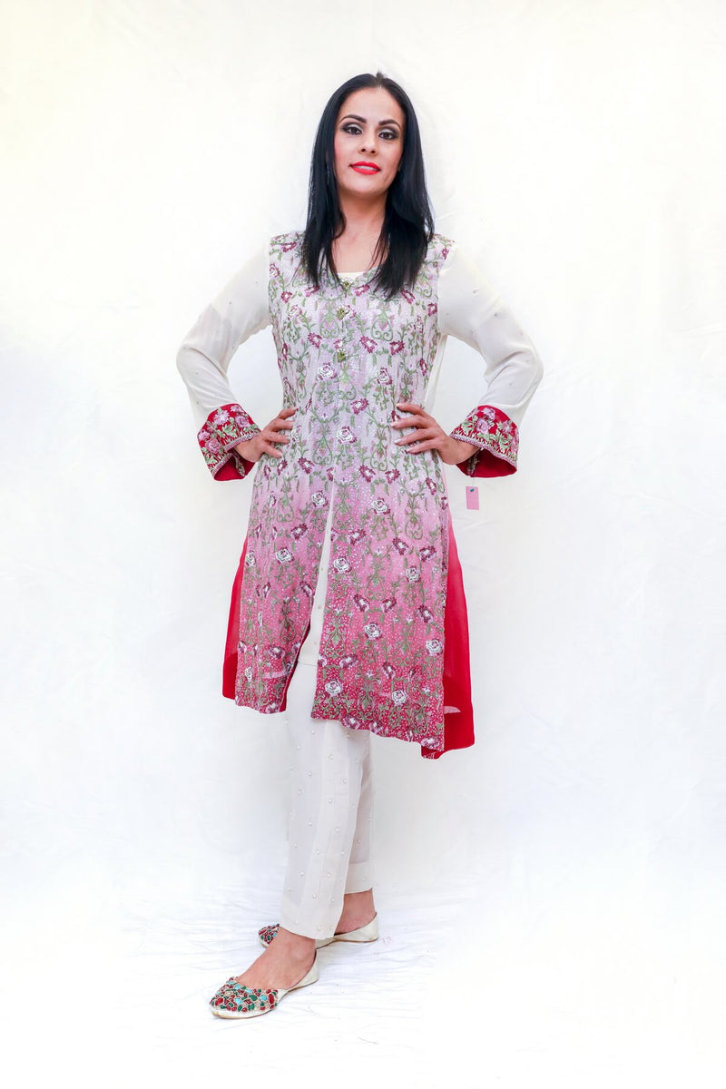 Embroidered beaded 4-piece set, Ombre fade. It comes with a silk shirt and a separate chiffon embroidered jacket silk pants and a pure chiffon scarf