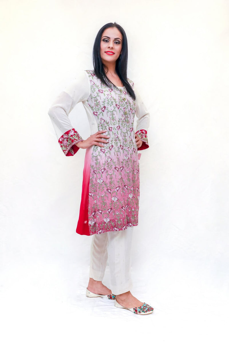 Embroidered beaded 4-piece set, Ombre fade. It comes with a silk shirt and a separate chiffon embroidered jacket silk pants and a pure chiffon scarf