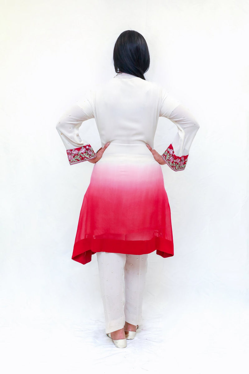 Embroidered beaded 4-piece set, Ombre fade. It comes with a silk shirt and a separate chiffon embroidered jacket silk pants and a pure chiffon scarf