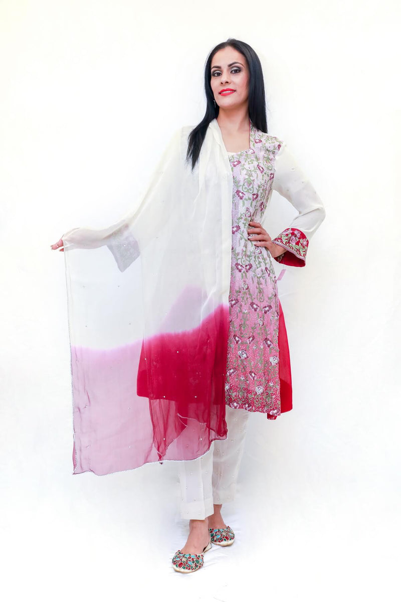 Embroidered beaded 4-piece set, Ombre fade. It comes with a silk shirt and a separate chiffon embroidered jacket silk pants and a pure chiffon scarf