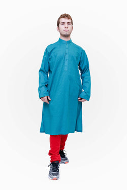 A blue cotton shirt with detailed embroidery covering the body of the shirt and the cuffs of the sleeves.