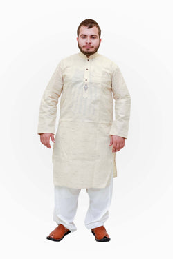 A light yellow cotton shirt with a pocket on the chest and minimal embroidery