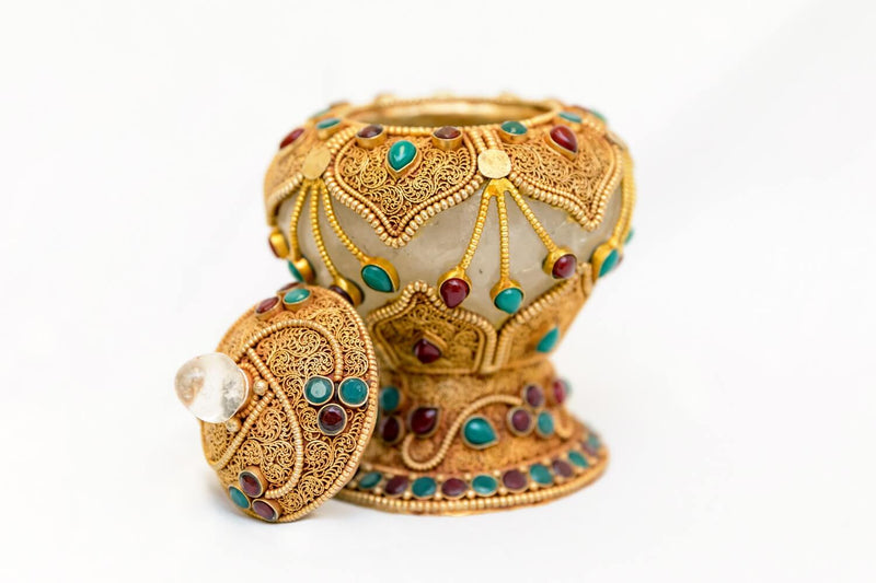 Golden Vase-Jar With Gemstone Glass & Brass- Trendz & Traditionz Boutique 