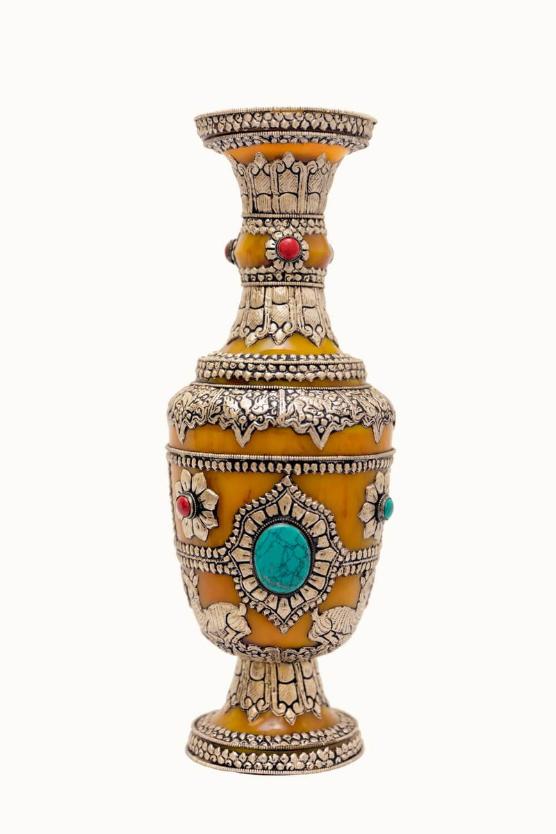 Amber Silver Vase With Turquoise & Coral Gemstones. This delicate hand made Carved vase is made in Nepal with real Amber and gemstones with Silver hand carving of the flowers and dears