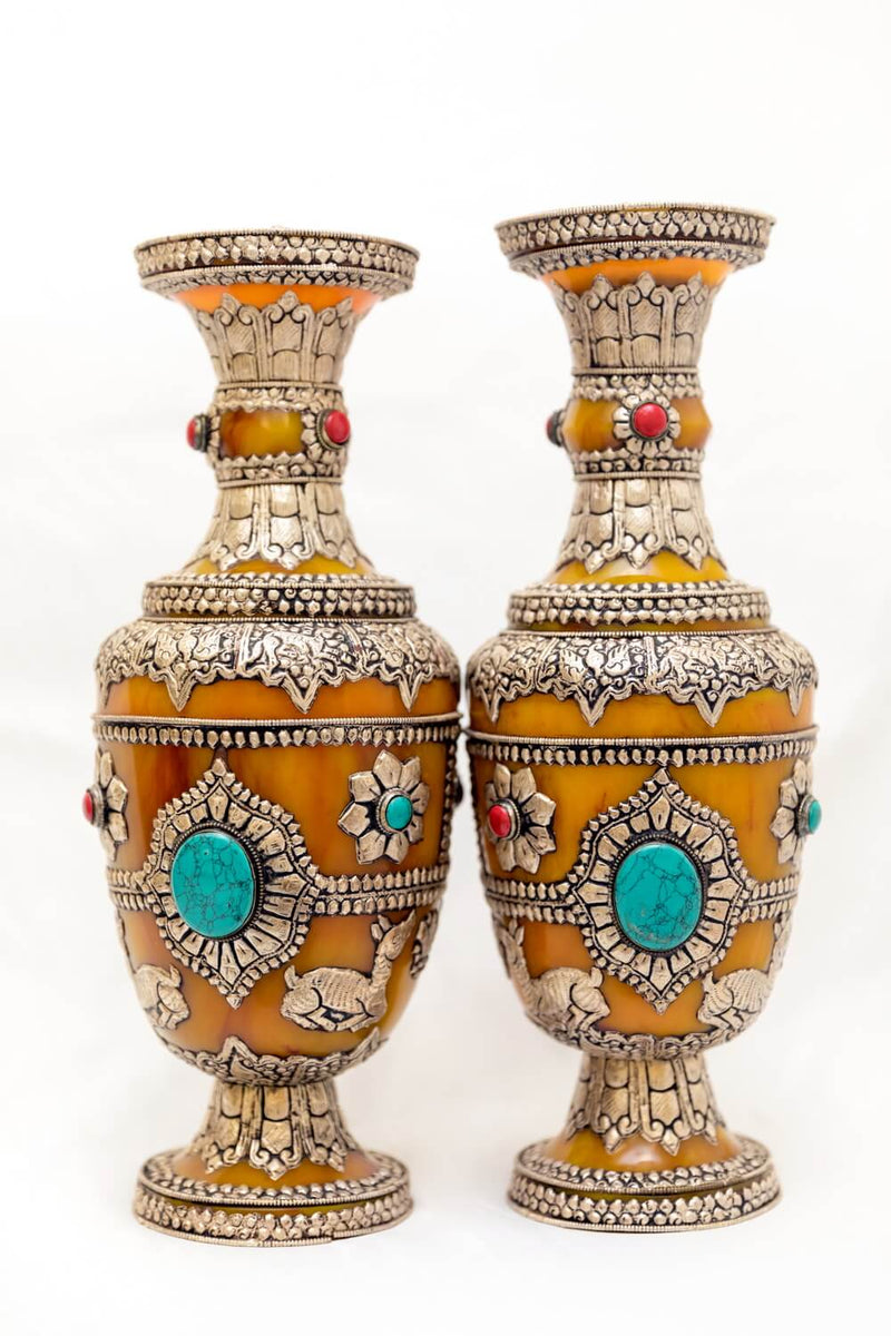 Amber Silver Vase With Turquoise & Coral Gemstones. This delicate hand made Carved vase is made in Nepal with real Amber and gemstones with Silver hand carving of the flowers and dears
