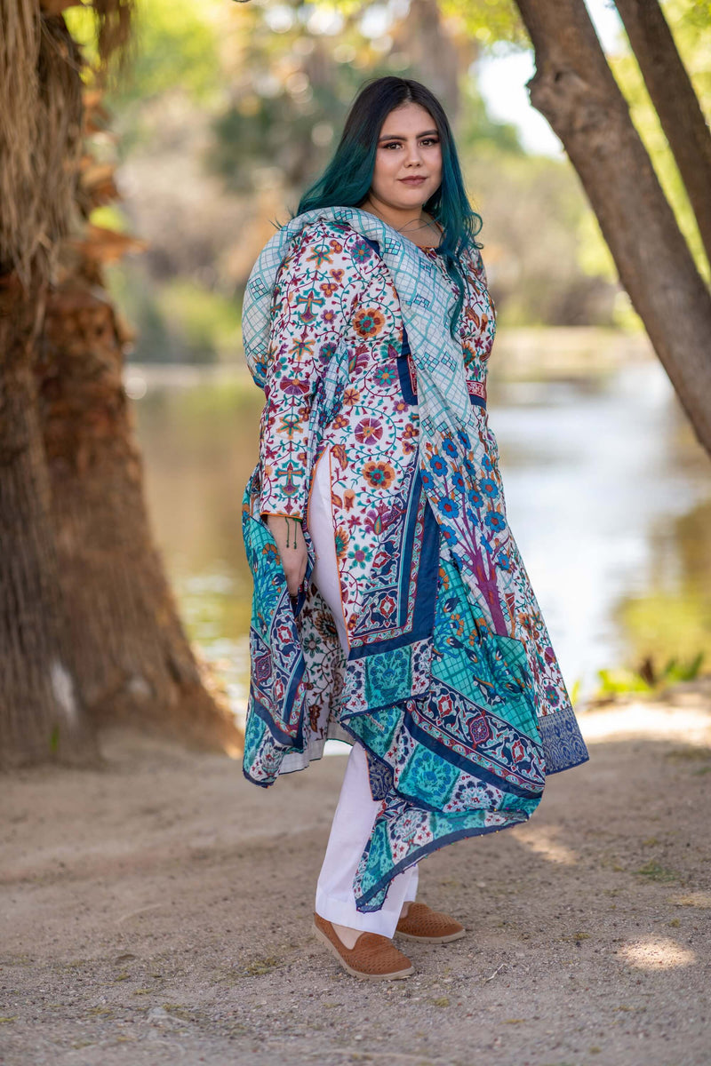 Cotton Multi-Color Embroidery Shirt with Silk Printed Dupatta-Scarf- Trendz & Traditionz Boutique 