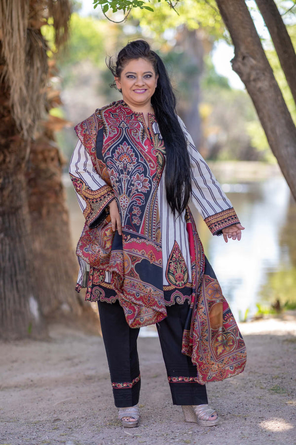 Elan Winter Suit with Stripped shirt and Embroidery - Trendz & Traditionz Boutique 