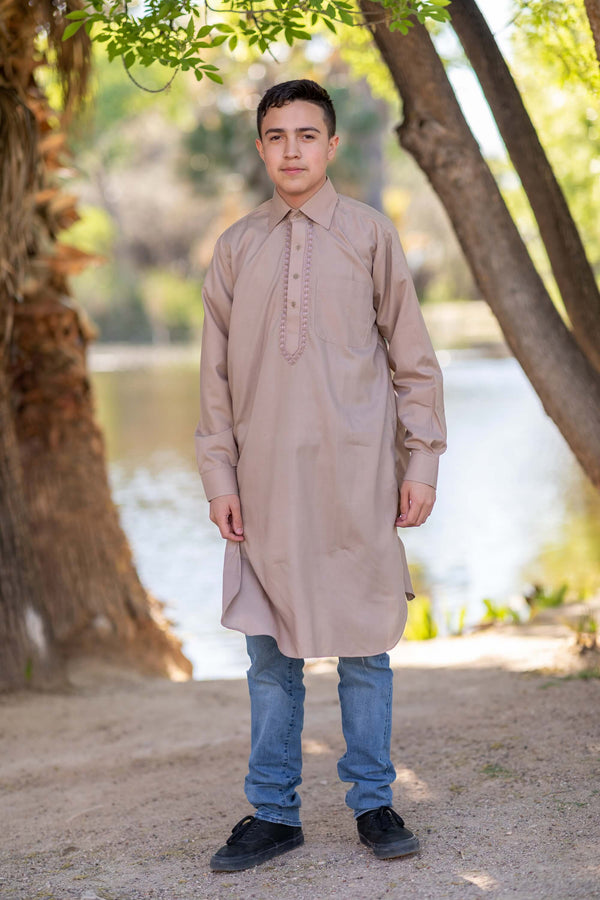 Men's Collared Button Down Beige Cotton Shirt- Trendz & Traditionz Boutique 