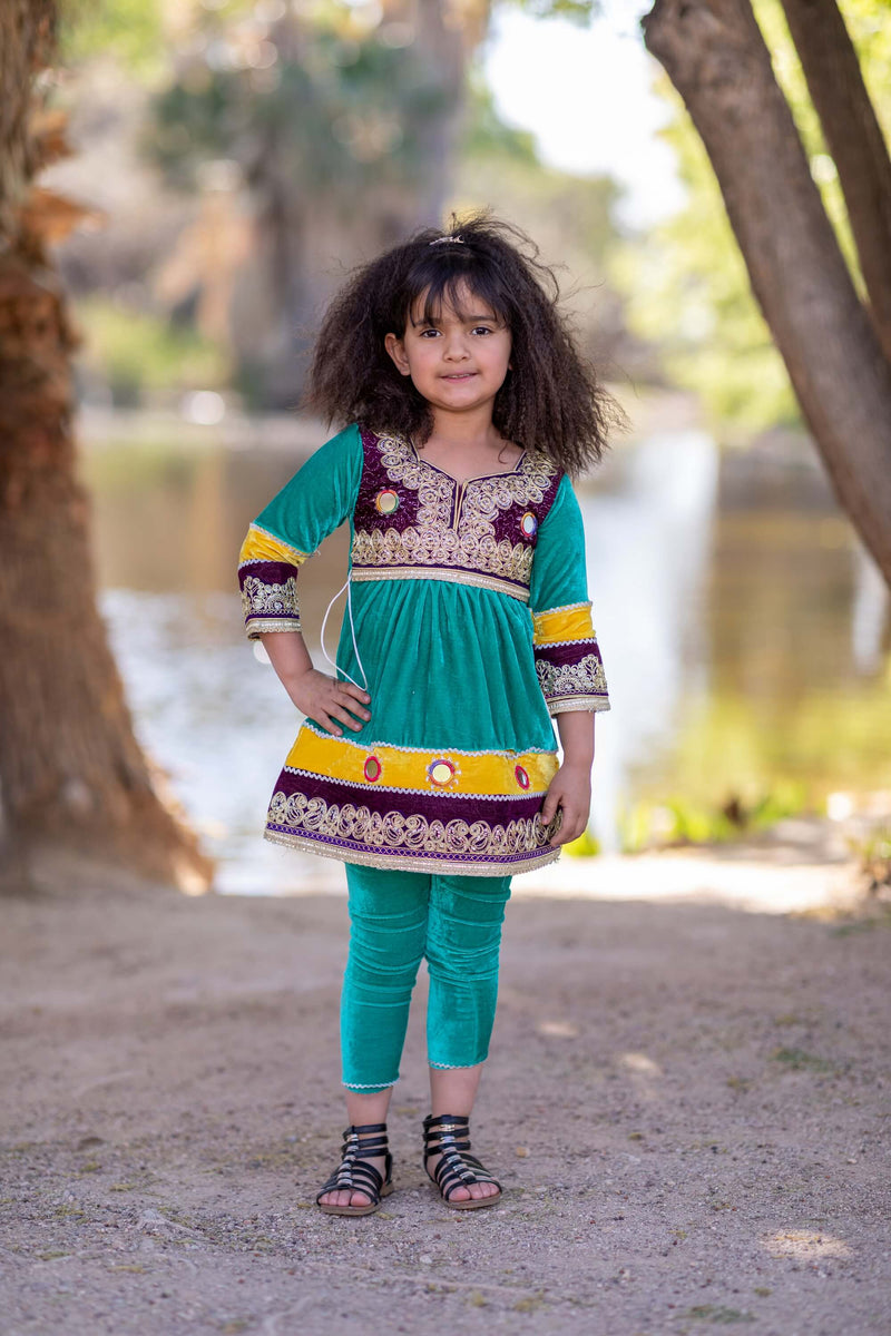 Green Afghan Velvet Girls Dress- Trendz & Traditionz Boutique