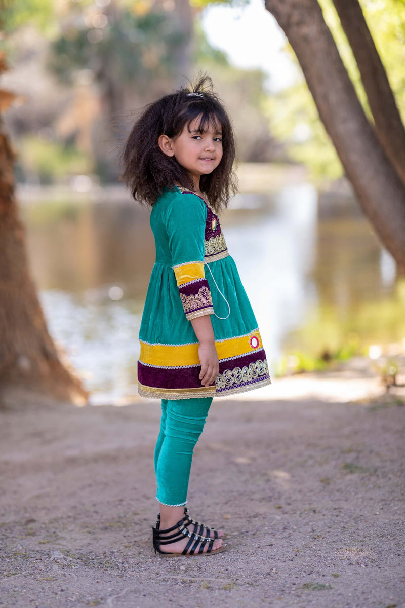 Green Afghan Velvet Girls Dress- Trendz & Traditionz Boutique