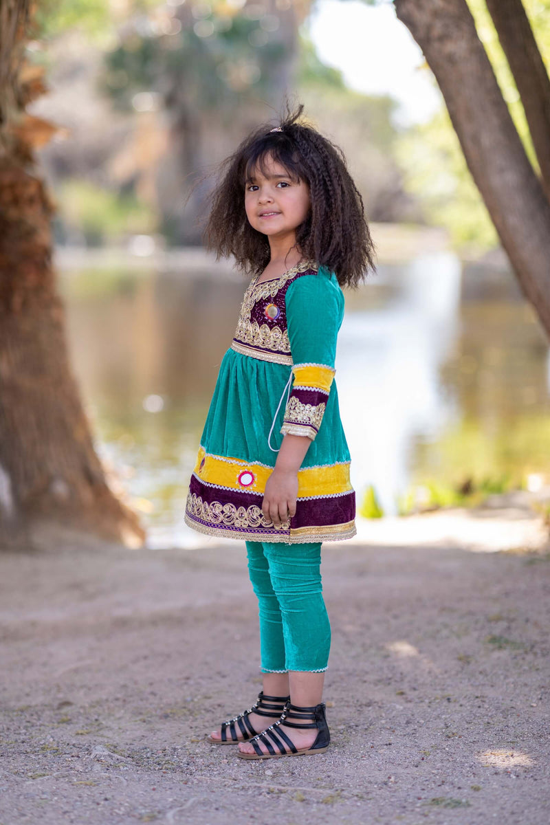 Green Afghan Velvet Girls Dress- Trendz & Traditionz Boutique