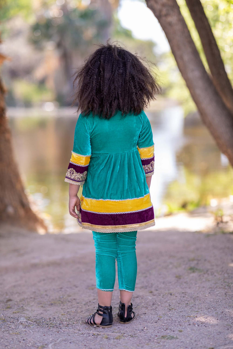 Green Afghan Velvet Girls Dress- Trendz & Traditionz Boutique