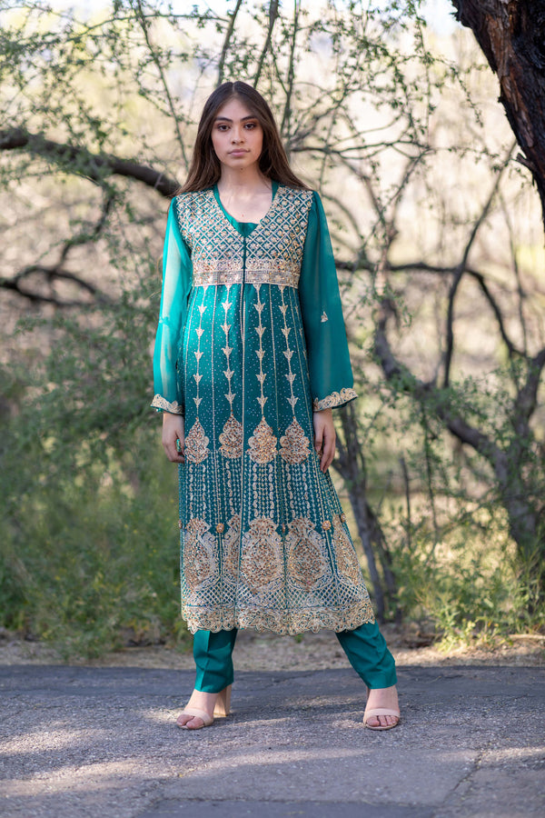 Emerald Green Beaded Embroidery Anarkali Chiffon Gown- Trendz & Traditionz Boutique 