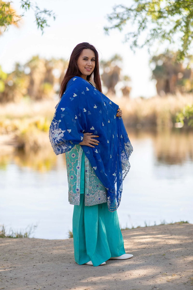 Chiffon Turquoise-Blue Silver Embroidery-Tilla Work With Silk Pants- Trendz & Traditionz Boutique 
