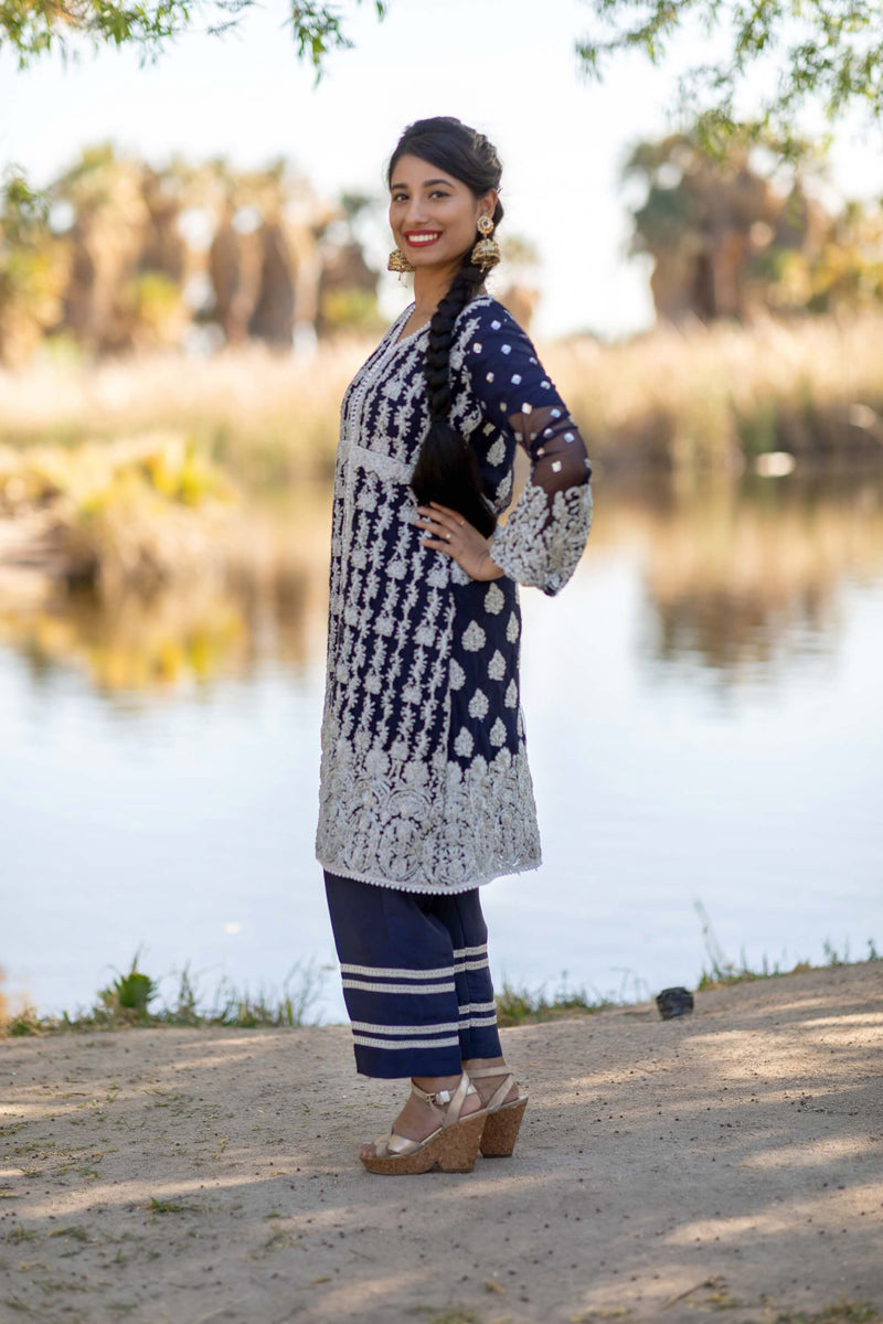 Navy Blue Chiffon Gota Machine Embroidery Shirt and Silk Pant- Trendz & Traditionz Boutique 