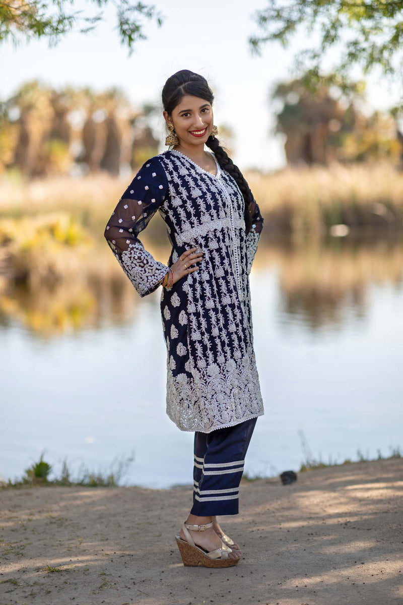 Navy Blue Chiffon Gota Machine Embroidery Shirt and Silk Pant- Trendz & Traditionz Boutique 