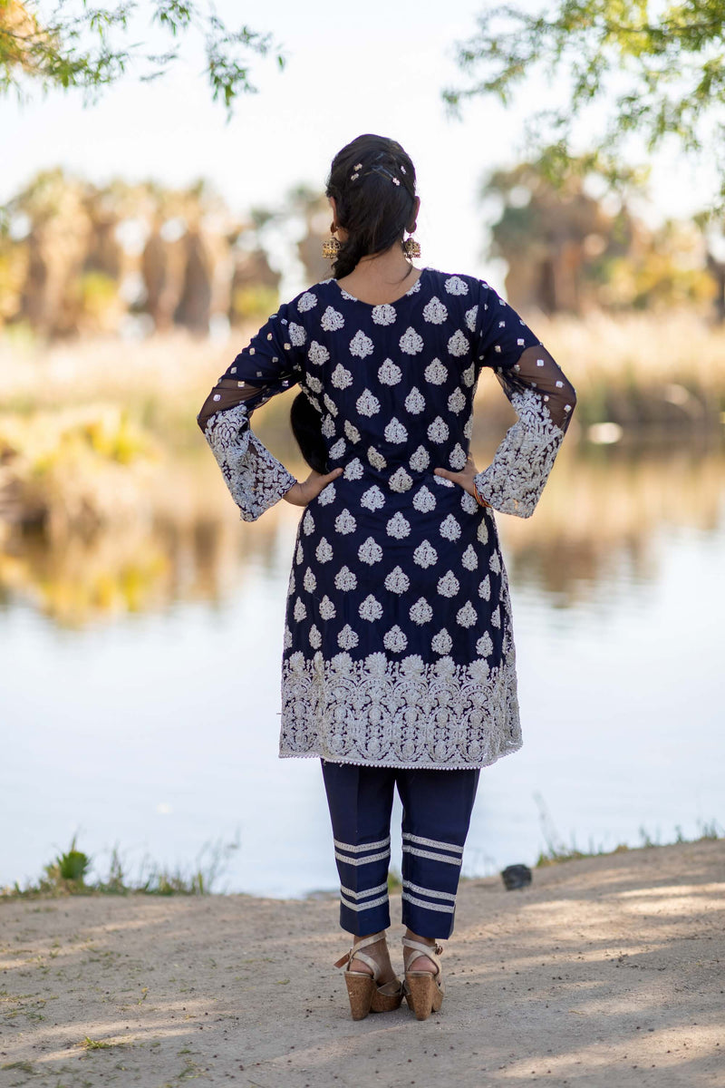 Navy Blue Chiffon Gota Machine Embroidery Shirt and Silk Pant- Trendz & Traditionz Boutique 