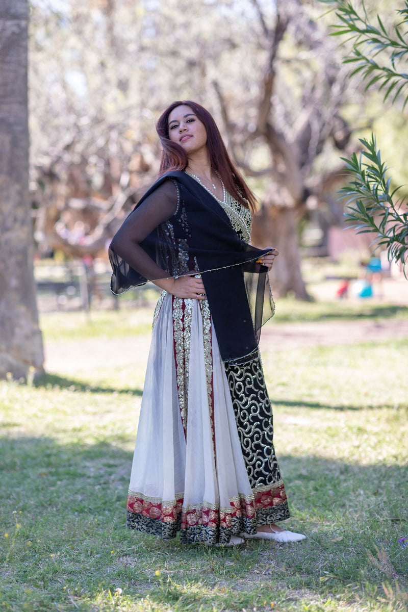 White with Black Chiffon Embroidery Dress-Gown - Trendz & Traditionz Boutique 