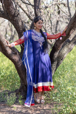 Long Cotton Crystal Embroidery Red Silver and Blue Anarkali - Trendz & Traditionz Boutique 