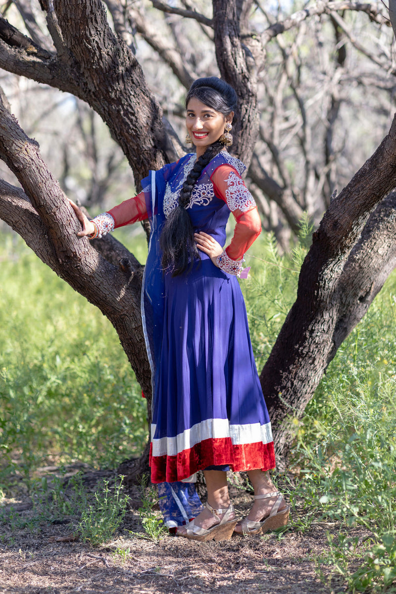 Long Cotton Crystal Embroidery Red Silver and Blue Anarkali - Trendz & Traditionz Boutique 