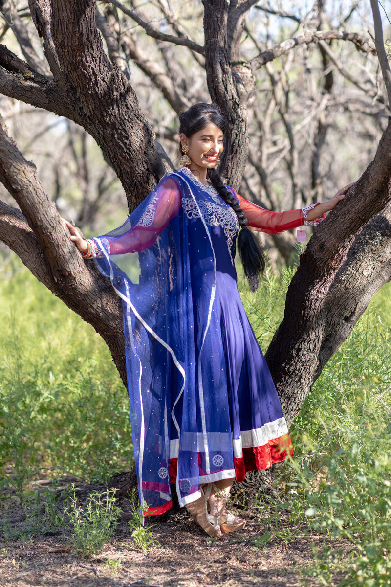 Long Cotton Crystal Embroidery Red Silver and Blue Anarkali - Trendz & Traditionz Boutique 