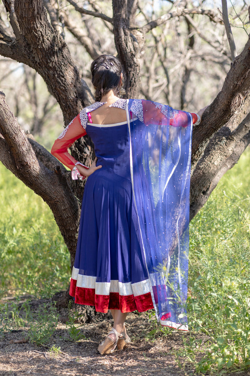 Long Cotton Crystal Embroidery Red Silver and Blue Anarkali - Trendz & Traditionz Boutique 