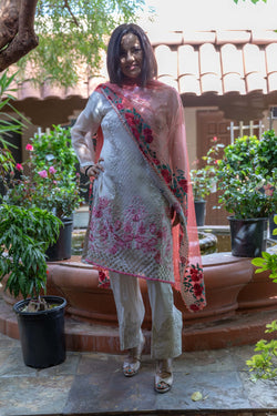 Organza Shirt, Net Scarf & Silk Pants-All Embroidered- Trendz & Traditionz Boutique 