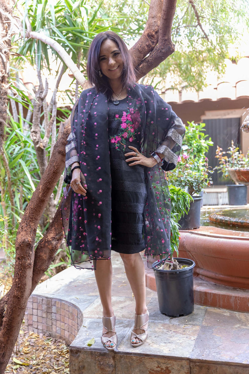 Black Organza Embroidery Shirt-Kurti- Trendz & Traditionz Boutique