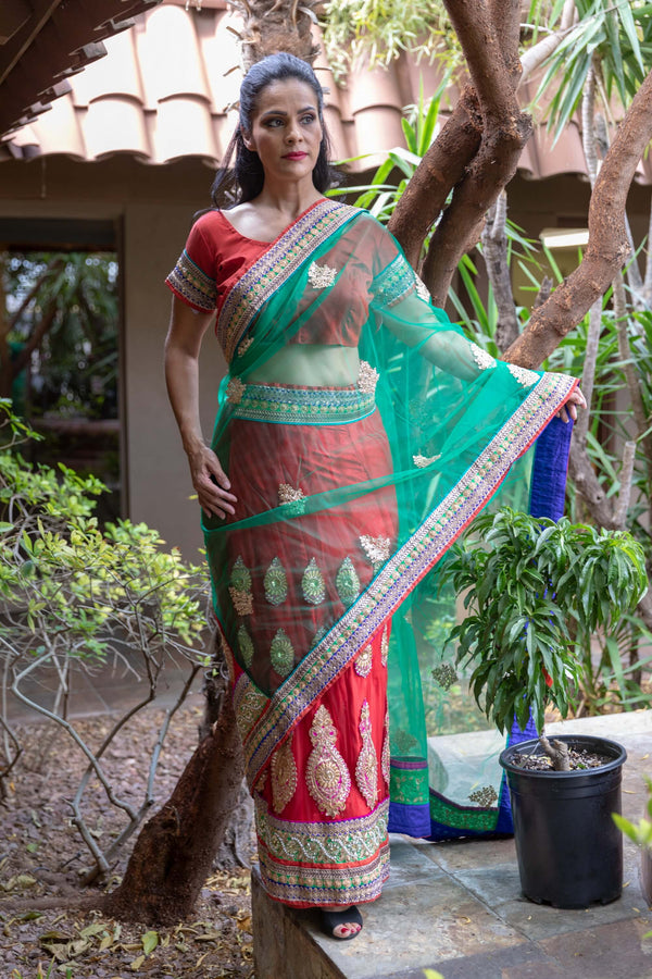 Net Green and Red Sari with Gota Work - Trendz & Traditionz Boutique