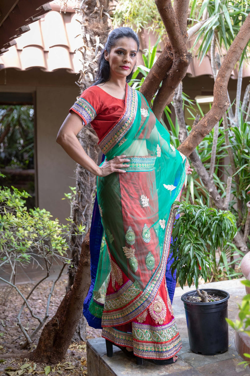 Net Green and Red Sari with Gota Work - Trendz & Traditionz Boutique