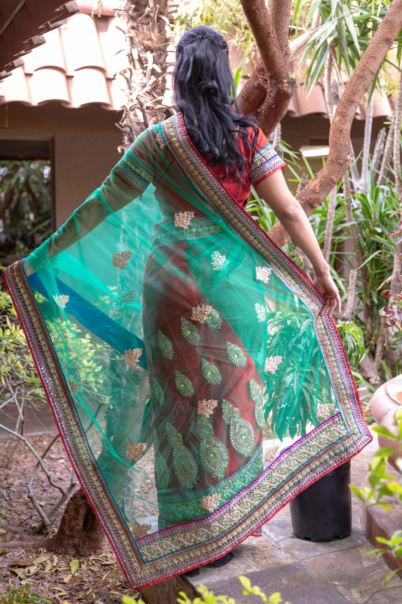 Net Green and Red Sari with Gota Work - Trendz & Traditionz Boutique