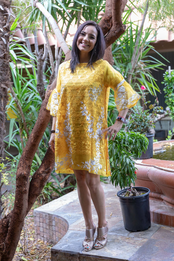Yellow Organza Kurti-Shirt with white Embroidery & Beads- Trendz & Traditionz Boutique 