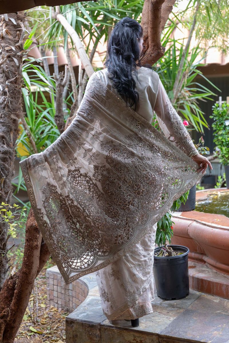 Maria B. Designer Off White Chiffon Saree With Embroidery - Trendz & Traditionz Boutique 