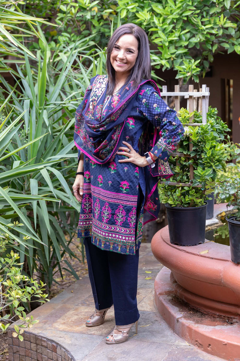 Navy Blue Cotton Embroidery Suit Slawar Kameez- Trendz & Traditionz Boutique 