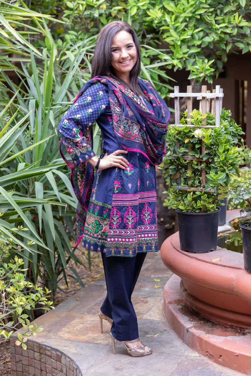 Navy Blue Cotton Embroidery Suit Slawar Kameez- Trendz & Traditionz Boutique 