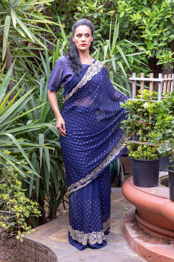 Chiffon Navy Blue Saree With Gold Embroider and Trim - Trendz & Traditionz Boutique 