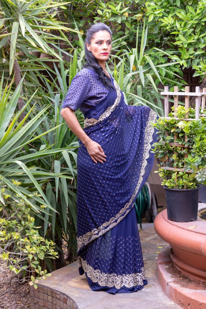 Chiffon Navy Blue Saree With Gold Embroider and Trim - Trendz & Traditionz Boutique 