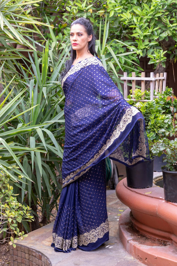 Chiffon Navy Blue Saree With Gold Embroider and Trim - Trendz & Traditionz Boutique 