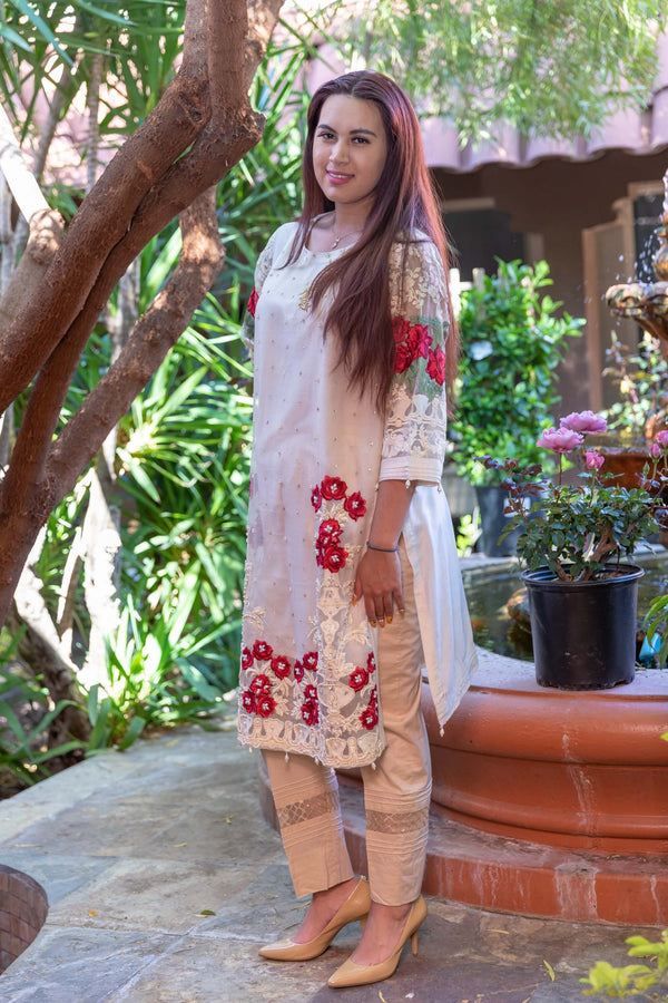 Beige Silk Embroidery Shirt-Kurti- Trendz & Traditionz Boutique 