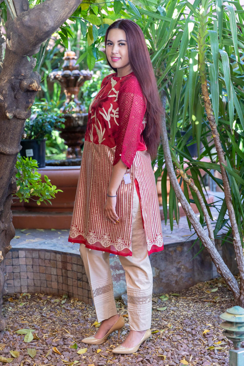 Red Agha Noor Organza Shirt - Trendz & Traditionz Boutique