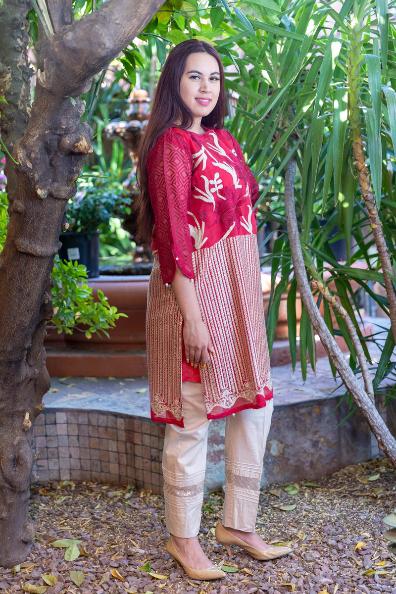 Red Agha Noor Organza Shirt - Trendz & Traditionz Boutique