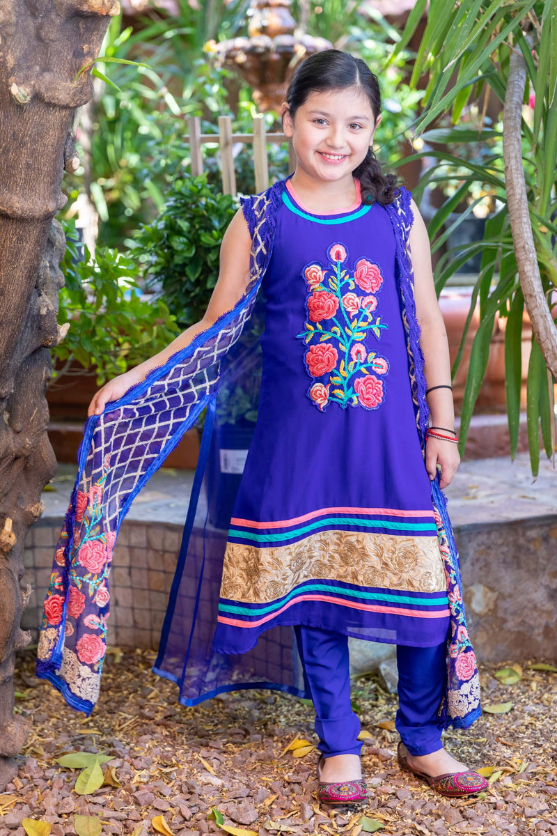 Silk Navy Blue Girls Dress-Suit- Trendz & Traditionz Boutique