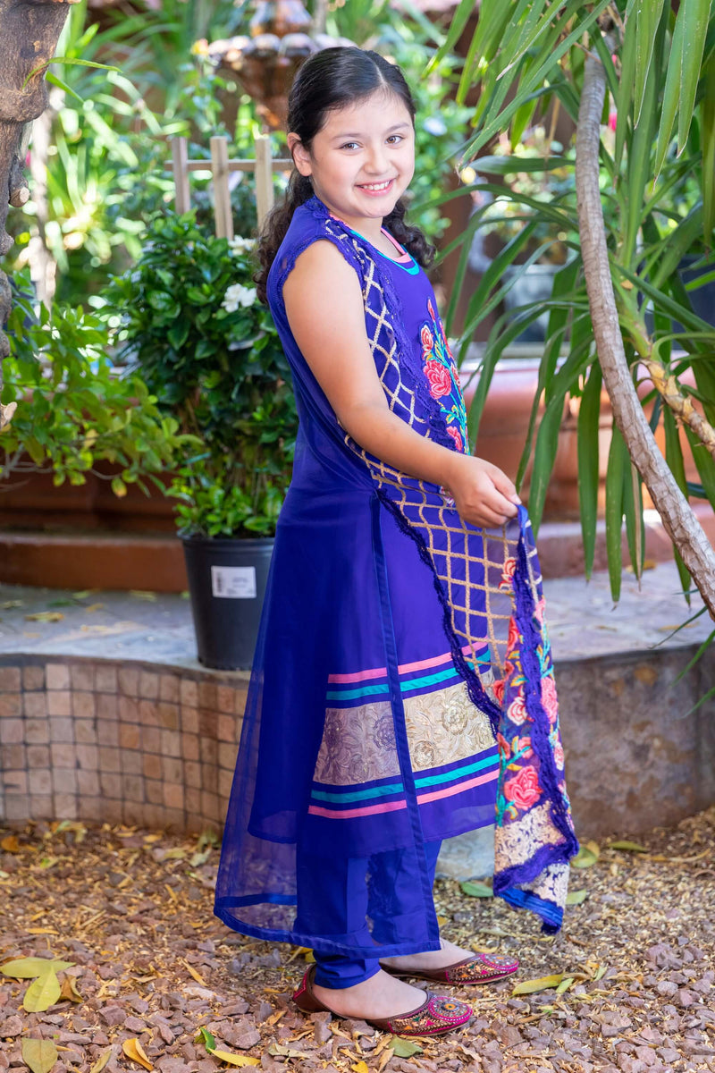 Silk Navy Blue Girls Dress-Suit- Trendz & Traditionz Boutique