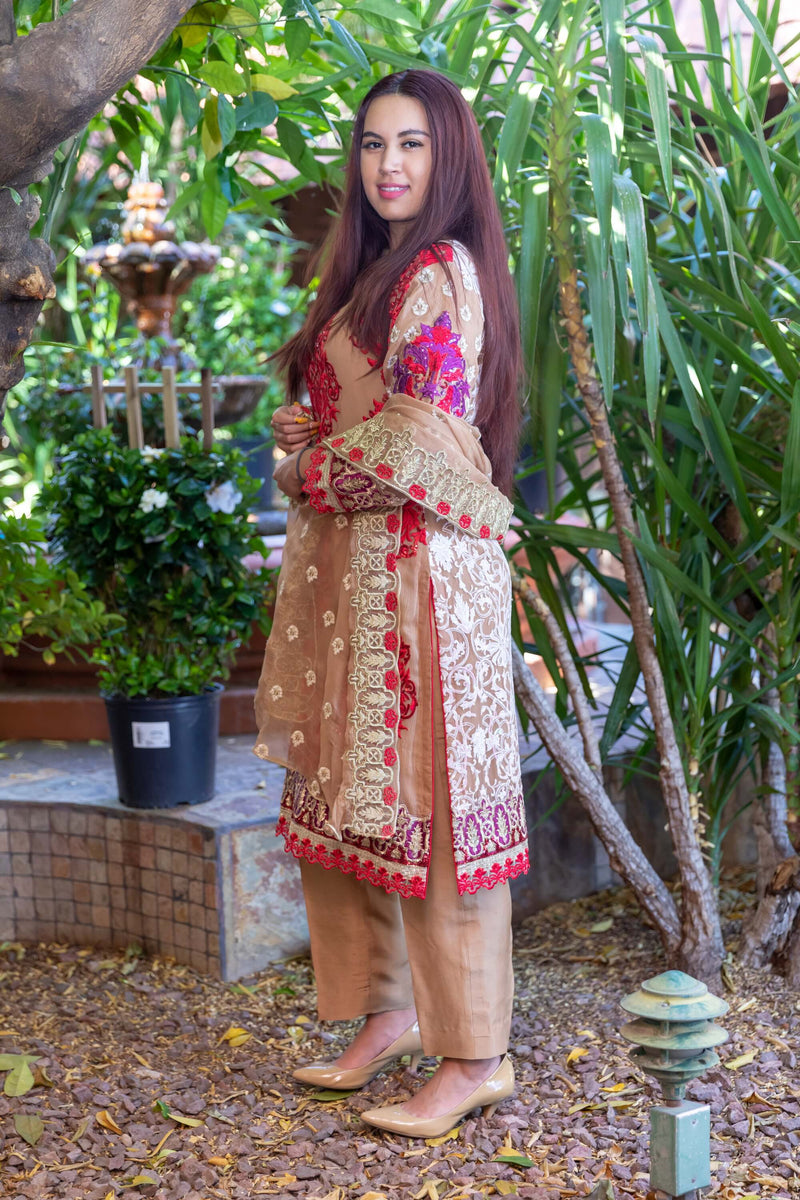 Gold Chiffon Embroidery Dress with Silk Pants - Trendz & Traditionz Boutique 