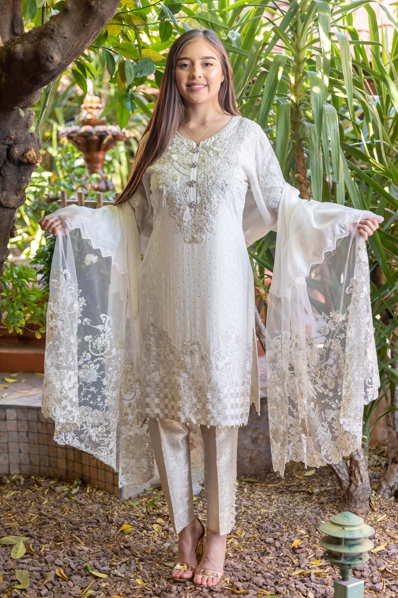 White Chiffon Shirt & Net Scarf Embroidery Suit-Salwar Kameez- Trendz & Traditionz Boutique 